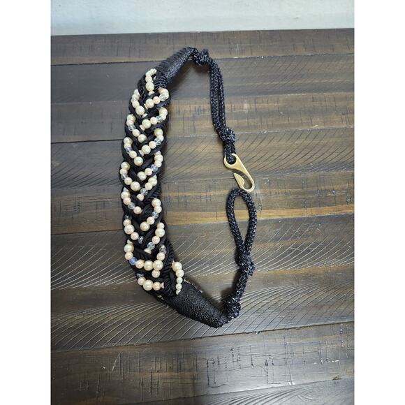 VTG Women's M/L Black Macrame Braided Beaded Pearl Belt with Gold Hook ROC‎ - Picture 1 of 9